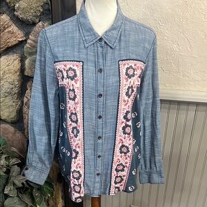 Free People Blue and Pink Button Down Shirt